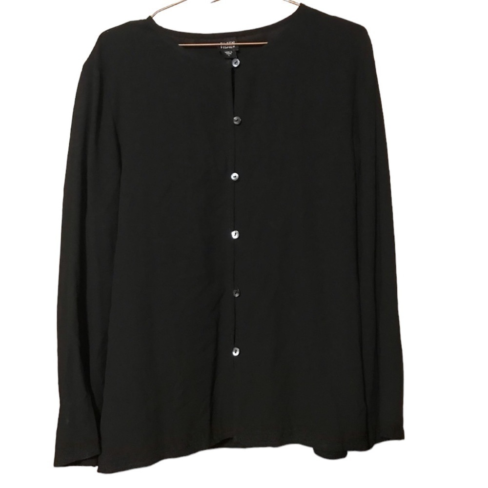 Eileen Fisher black silk linen button down shirt